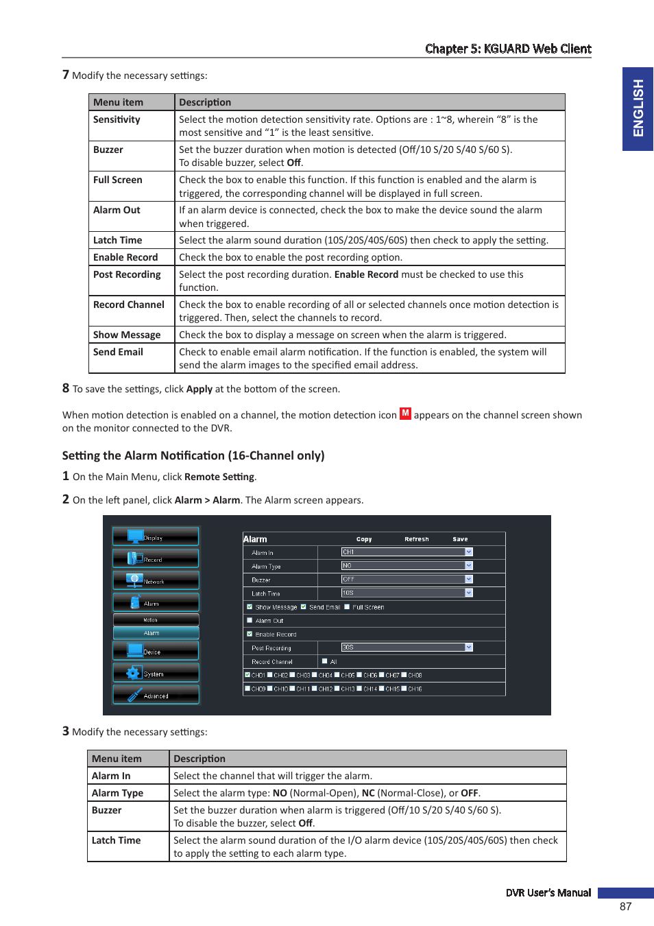 Setting the alarm notification (16-channel only) | KGUARD Security BR1611P User Manual | Page 87 / 107