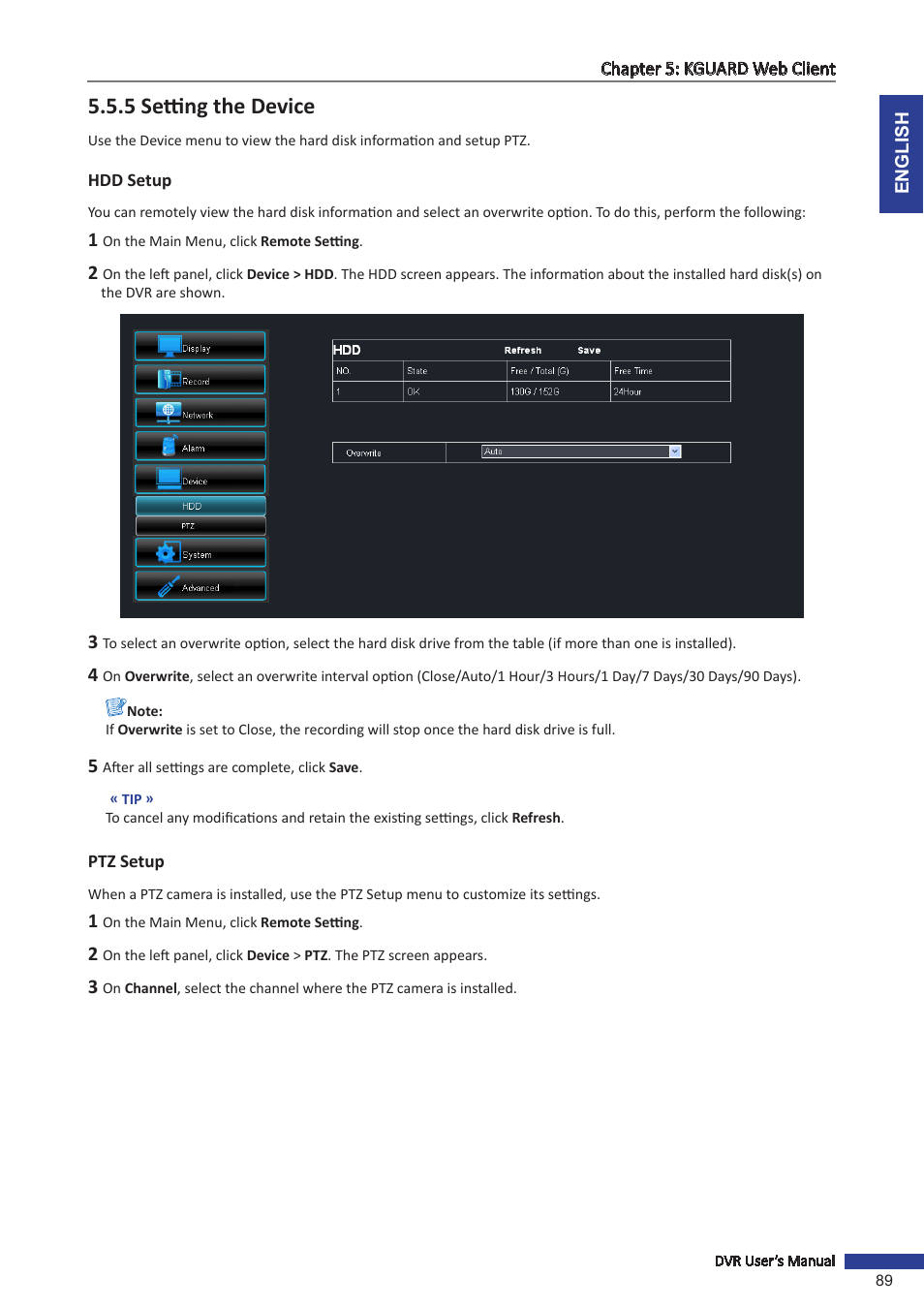 5 setting the device, Hdd setup, Ptz setup | Hdd setup ptz setup | KGUARD Security BR1611P User Manual | Page 89 / 107