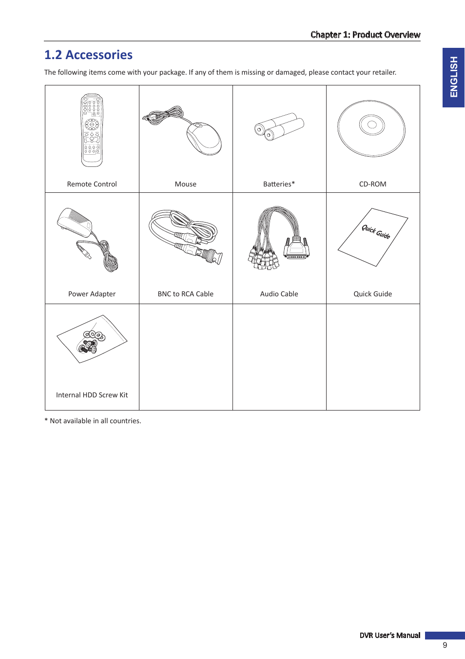 2 accessories, English chapter 1: product overview, Dvr user’s manual 9 | Remote control mouse batteries* cd-rom, Quick guide, Rec search, Stop play fwd rew pause /frame slow, Zoom focus iris z _ f _ i, Z+ f+ i | KGUARD Security BR1611P User Manual | Page 9 / 107