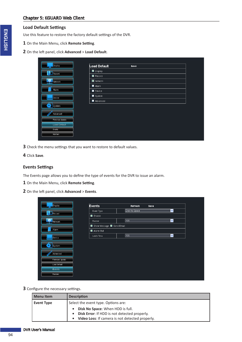 Load default settings, Events settings, Load default settings events settings | KGUARD Security BR1611P User Manual | Page 94 / 107