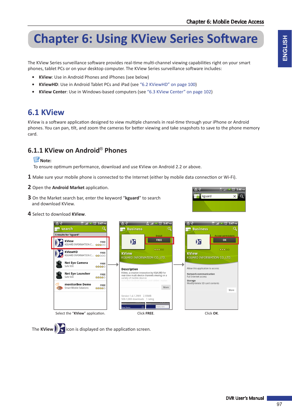 Chapter 6: using kview series software, 1 kview, 1 kview on android® phones | 1 kview on android, Phones | KGUARD Security BR1611P User Manual | Page 97 / 107