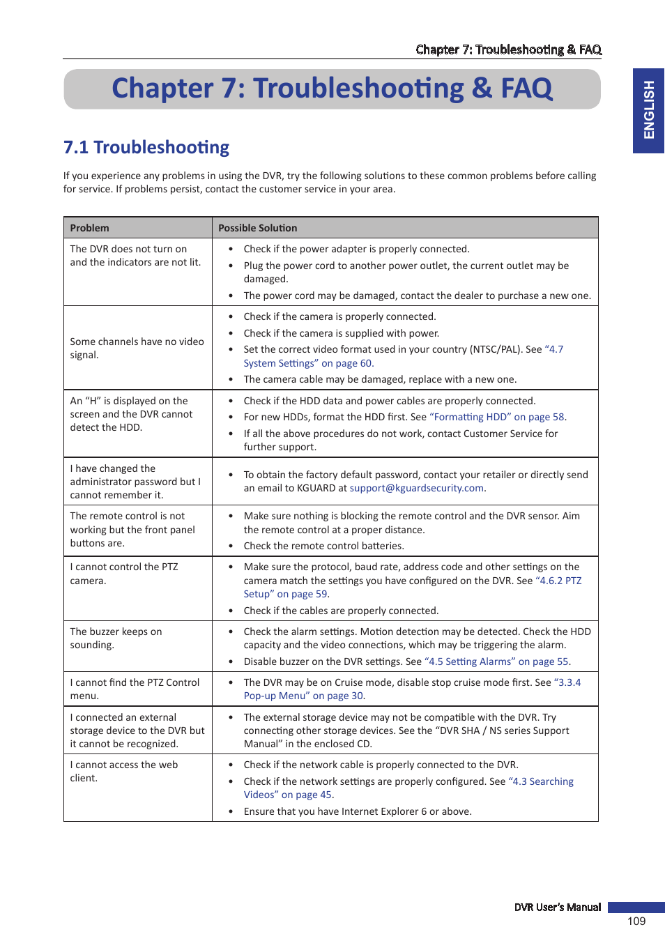 Chapter 7: troubleshooting & faq, 1 troubleshooting | KGUARD Security BR1601 User Manual | Page 109 / 113