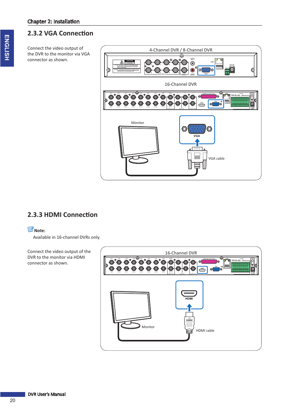 2 vga connection, 3 hdmi connection, English chapter 2: installation | 20 dvr user’s manual, Channel dvr, Channel dvr / 8-channel dvr 16-channel dvr, D+ d, Monitor hdmi cable, Vga cable monitor | KGUARD Security BR1601 User Manual | Page 20 / 113
