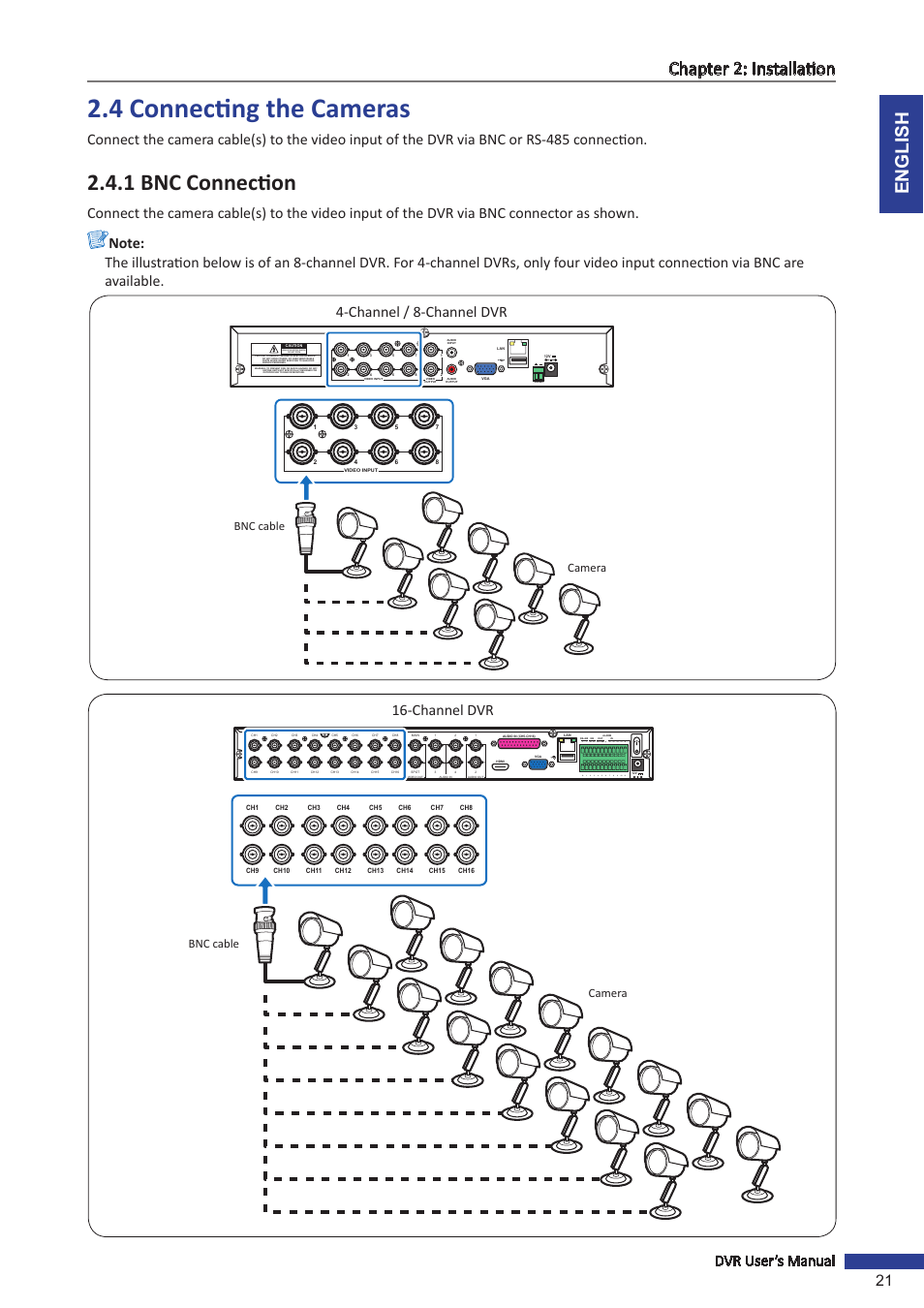 4 connecting the cameras, 1 bnc connection, English chapter 2: installation | Dvr user’s manual 21, Channel dvr, Channel / 8-channel dvr, D+ d, Risk of electric shock do not open, Bnc cable camera | KGUARD Security BR1601 User Manual | Page 21 / 113