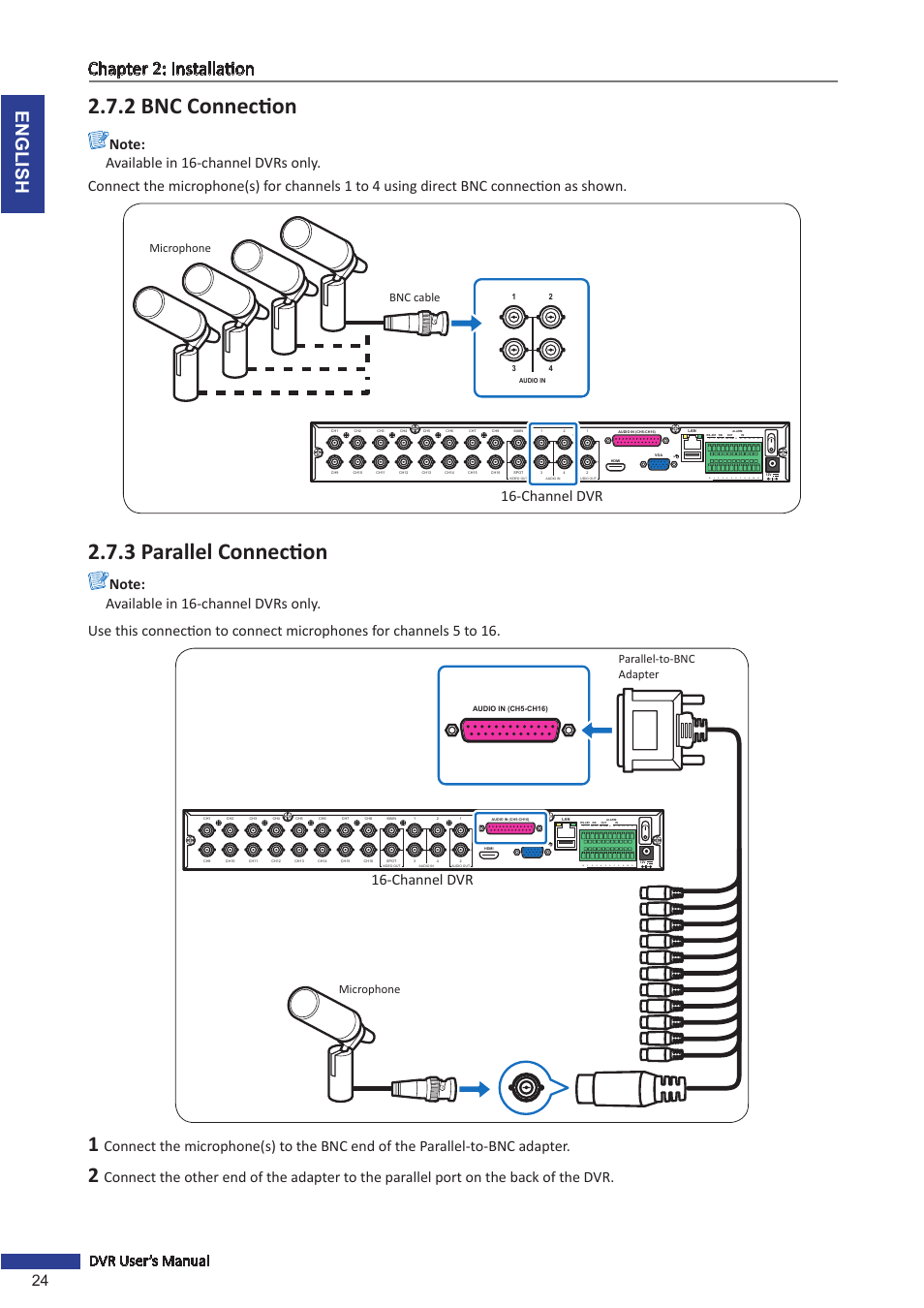 2 bnc connection, 3 parallel connection, English chapter 2: installation | 24 dvr user’s manual, Channel dvr, D+ d | KGUARD Security BR1601 User Manual | Page 24 / 113