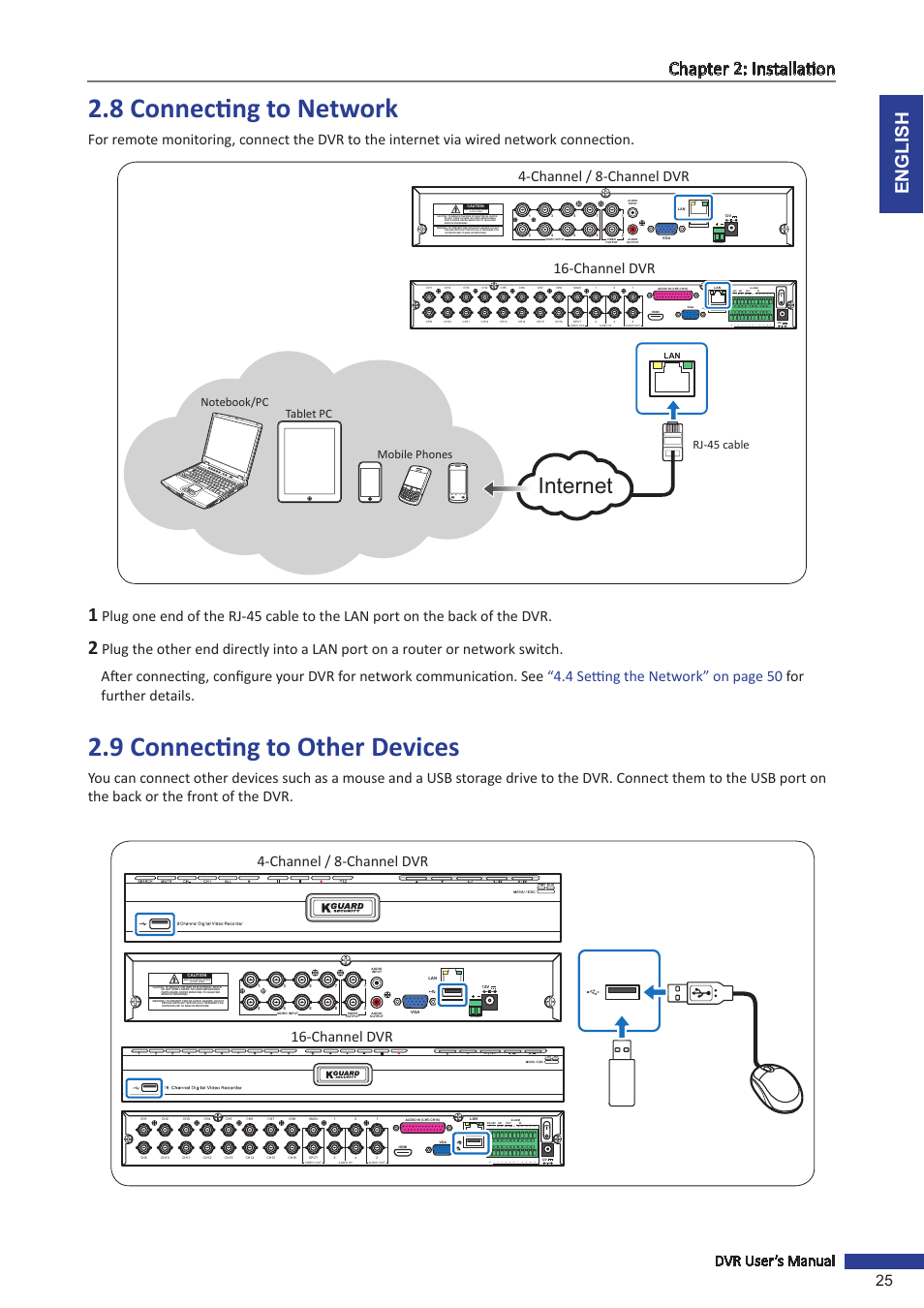 8 connecting to network, 9 connecting to other devices, Internet | English chapter 2: installation, Dvr user’s manual 25, Channel dvr 4-channel / 8-channel dvr, Channel / 8-channel dvr 16-channel dvr, Risk of electric shock do not open, D+ d | KGUARD Security BR1601 User Manual | Page 25 / 113