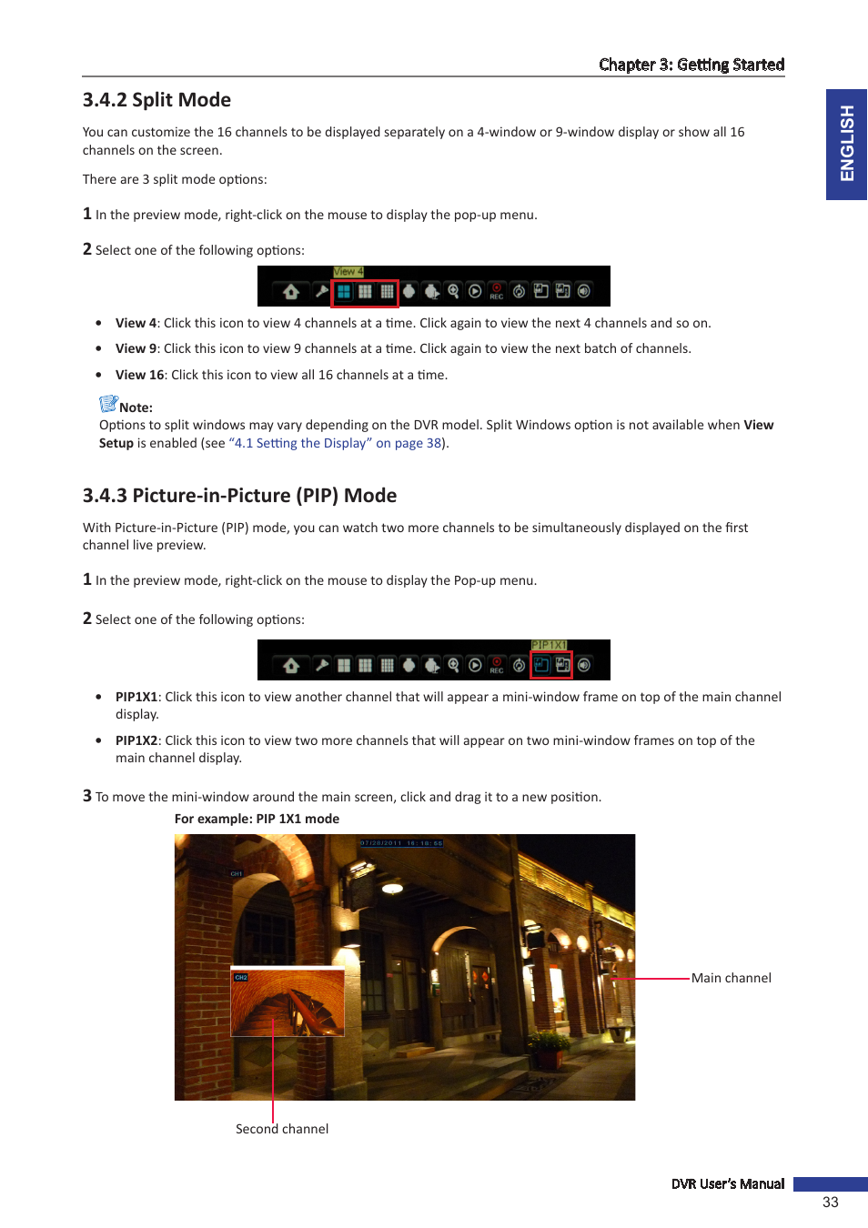2 split mode, 3 picture-in-picture (pip) mode | KGUARD Security BR1601 User Manual | Page 33 / 113