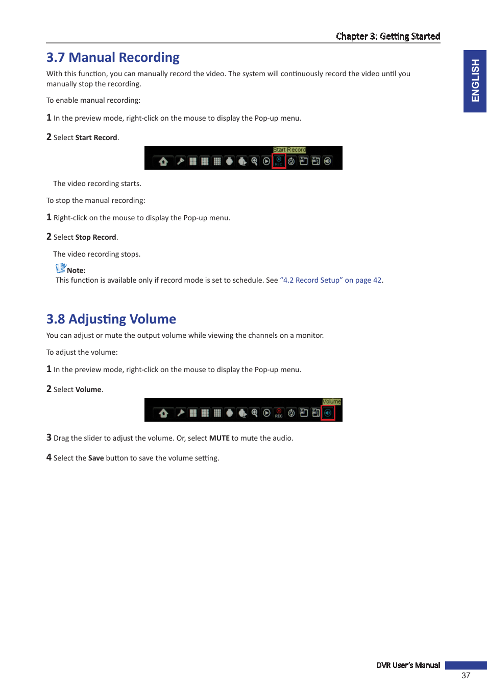 7 manual recording, 8 adjusting volume | KGUARD Security BR1601 User Manual | Page 37 / 113
