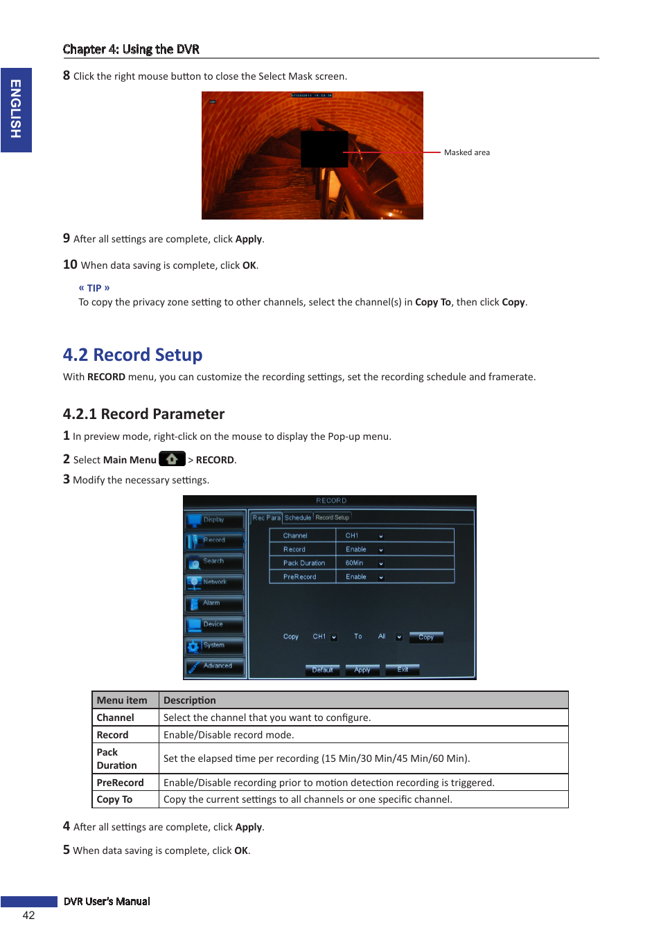 2 record setup, 1 record parameter | KGUARD Security BR1601 User Manual | Page 42 / 113