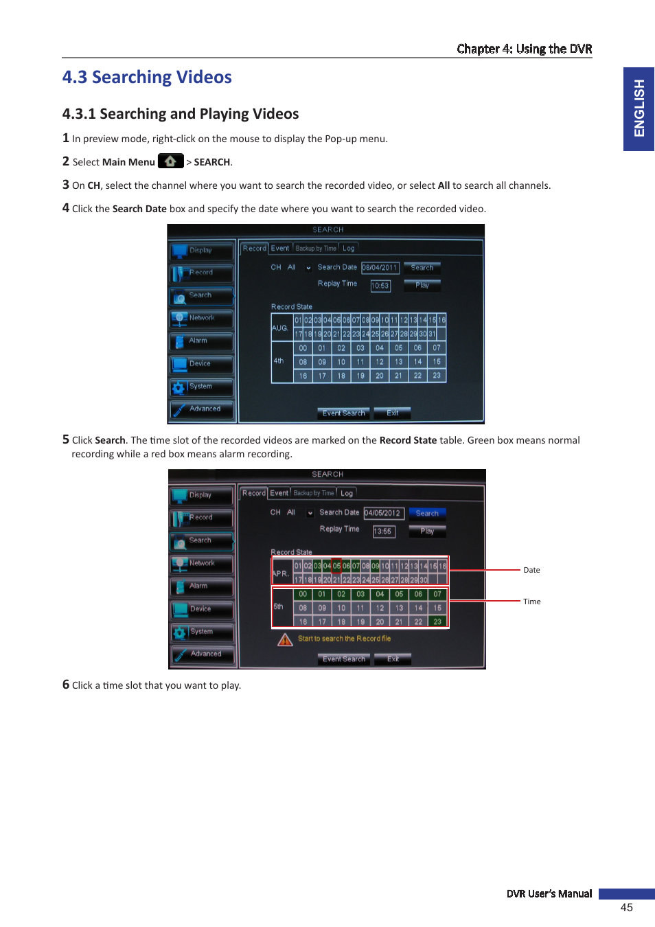 3 searching videos, 1 searching and playing videos | KGUARD Security BR1601 User Manual | Page 45 / 113