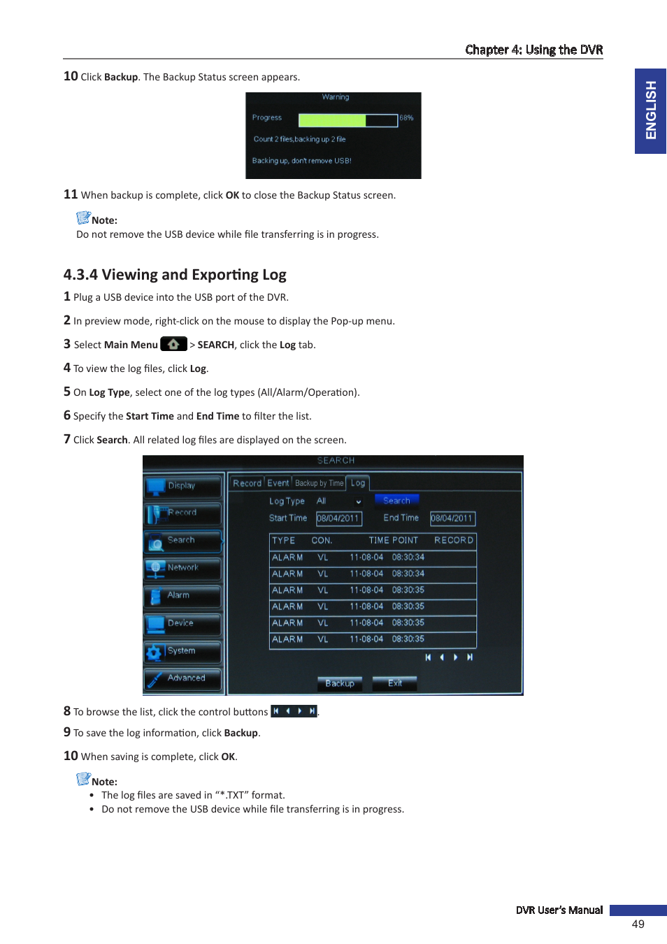 4 viewing and exporting log | KGUARD Security BR1601 User Manual | Page 49 / 113