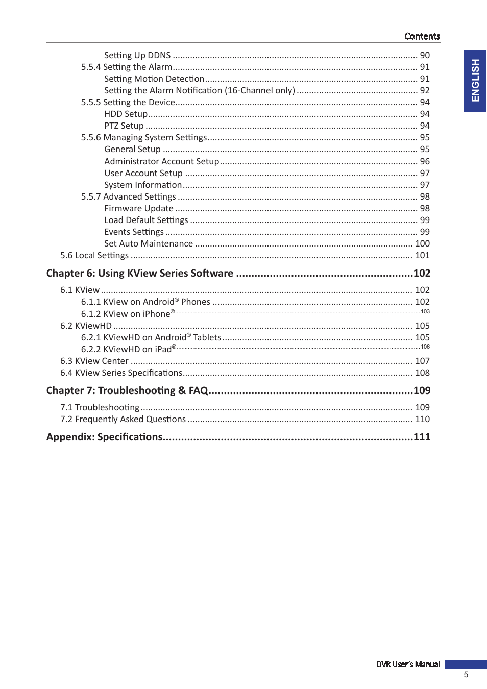 Chapter 6: using kview series software, Chapter 7: troubleshooting & faq, Appendix: specifications | KGUARD Security BR1601 User Manual | Page 5 / 113