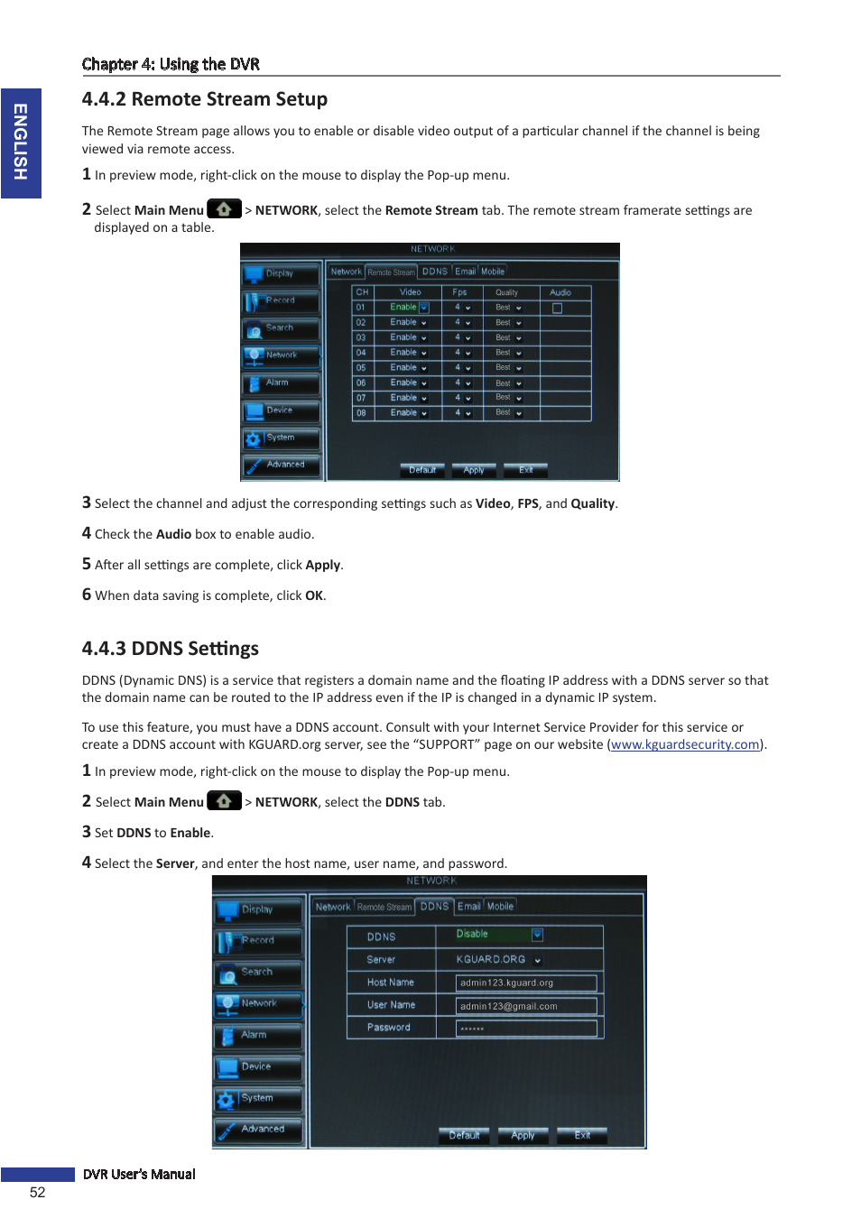 2 remote stream setup, 3 ddns settings | KGUARD Security BR1601 User Manual | Page 52 / 113