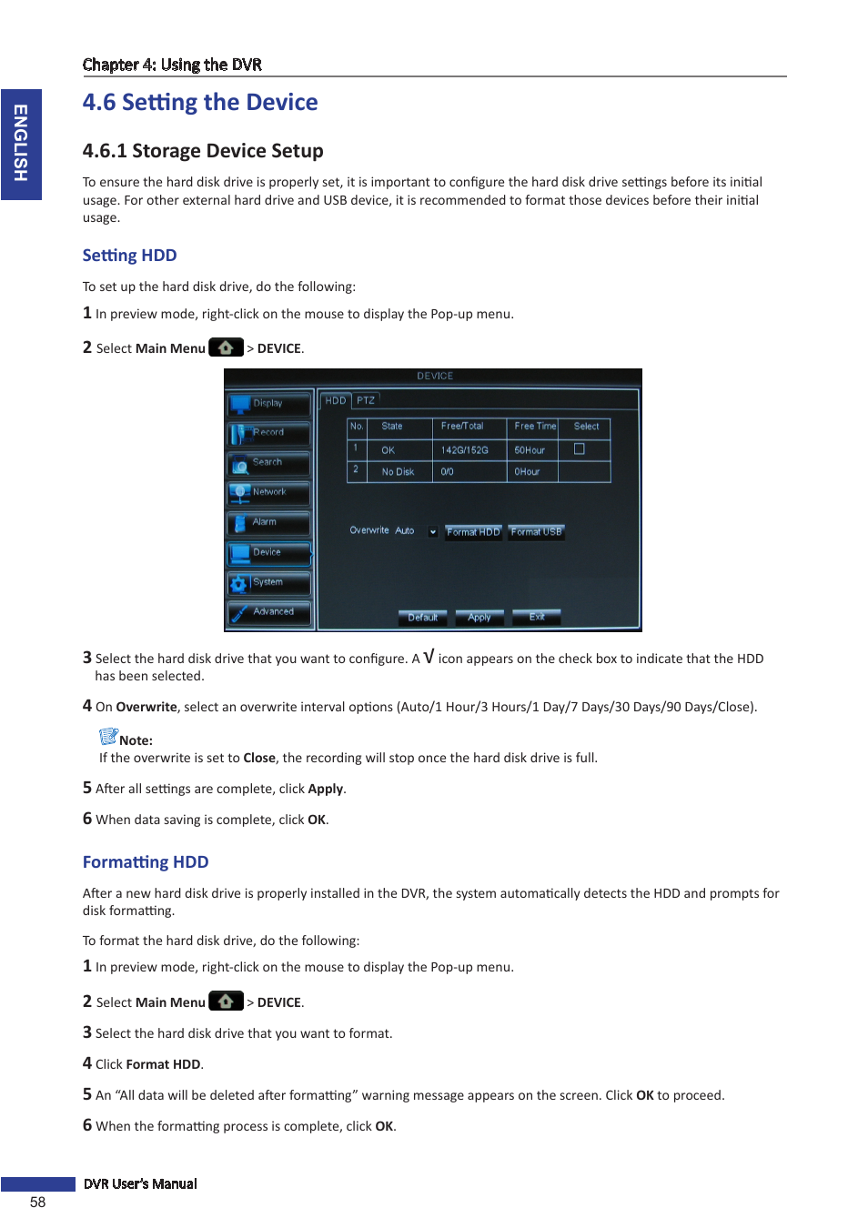 6 setting the device, 1 storage device setup | KGUARD Security BR1601 User Manual | Page 58 / 113