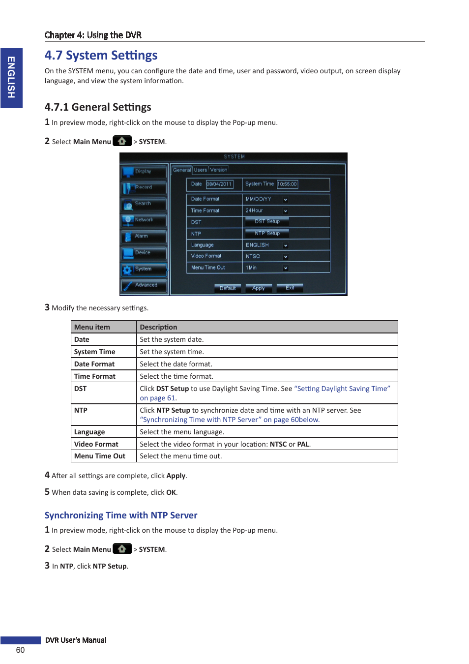 7 system settings, 1 general settings | KGUARD Security BR1601 User Manual | Page 60 / 113