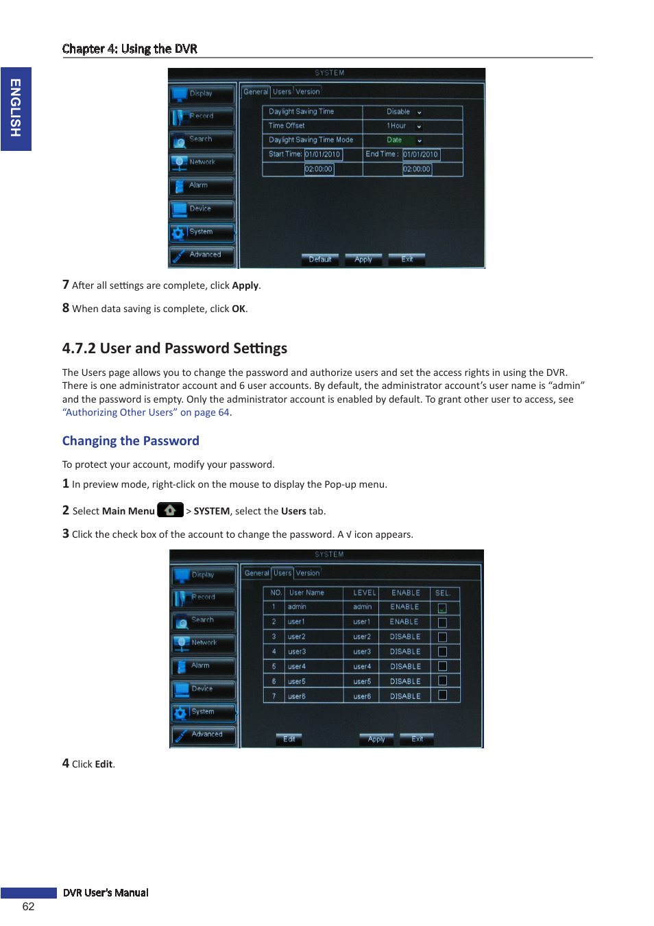 2 user and password settings | KGUARD Security BR1601 User Manual | Page 62 / 113