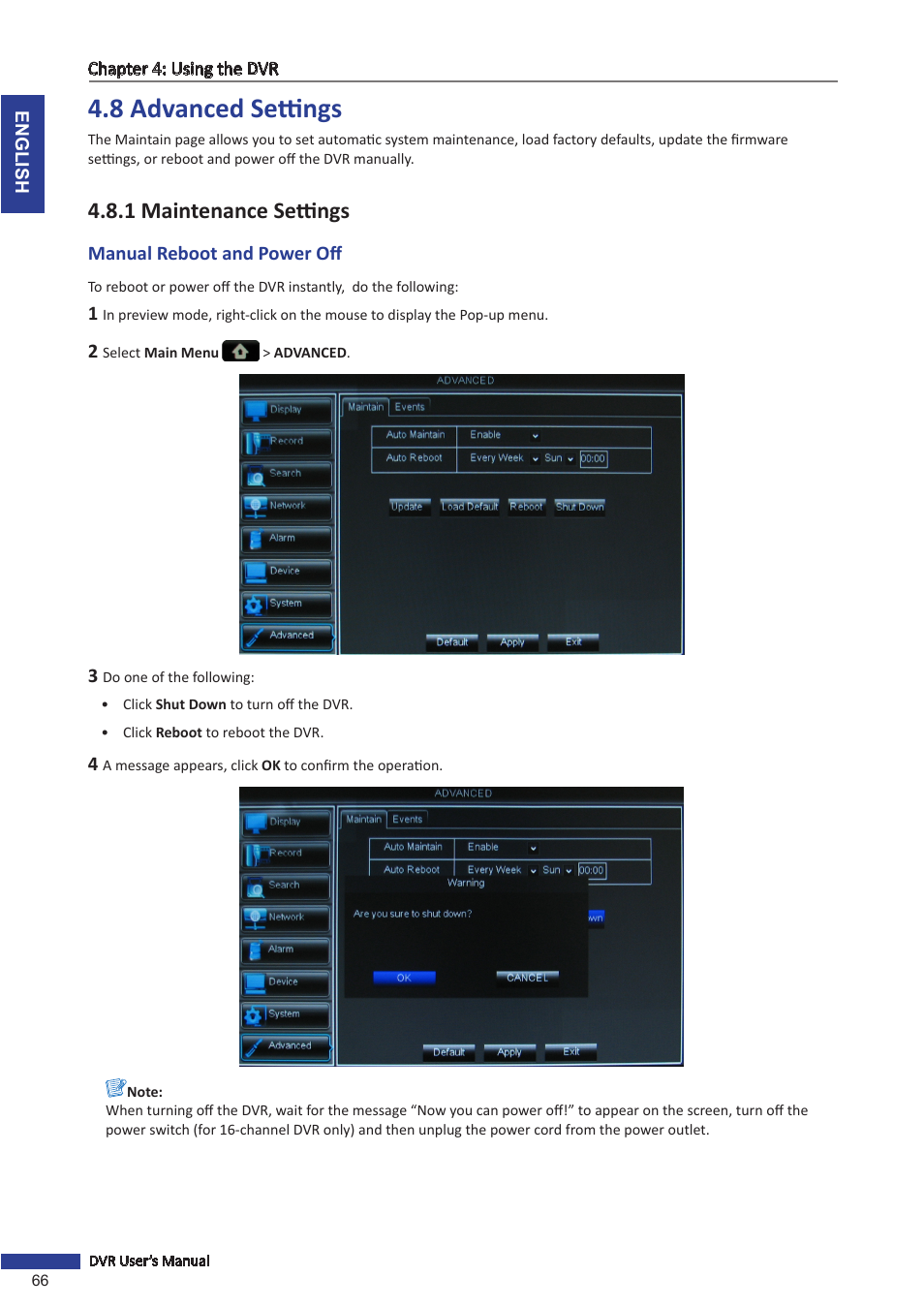 8 advanced settings, 1 maintenance settings | KGUARD Security BR1601 User Manual | Page 66 / 113