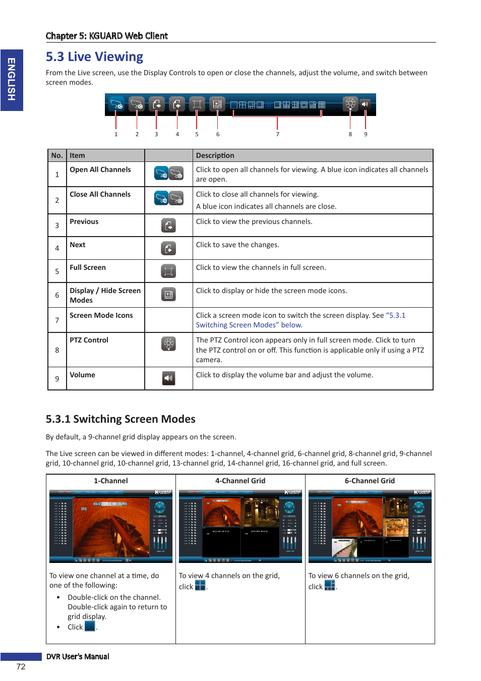 3 live viewing, 1 switching screen modes | KGUARD Security BR1601 User Manual | Page 72 / 113