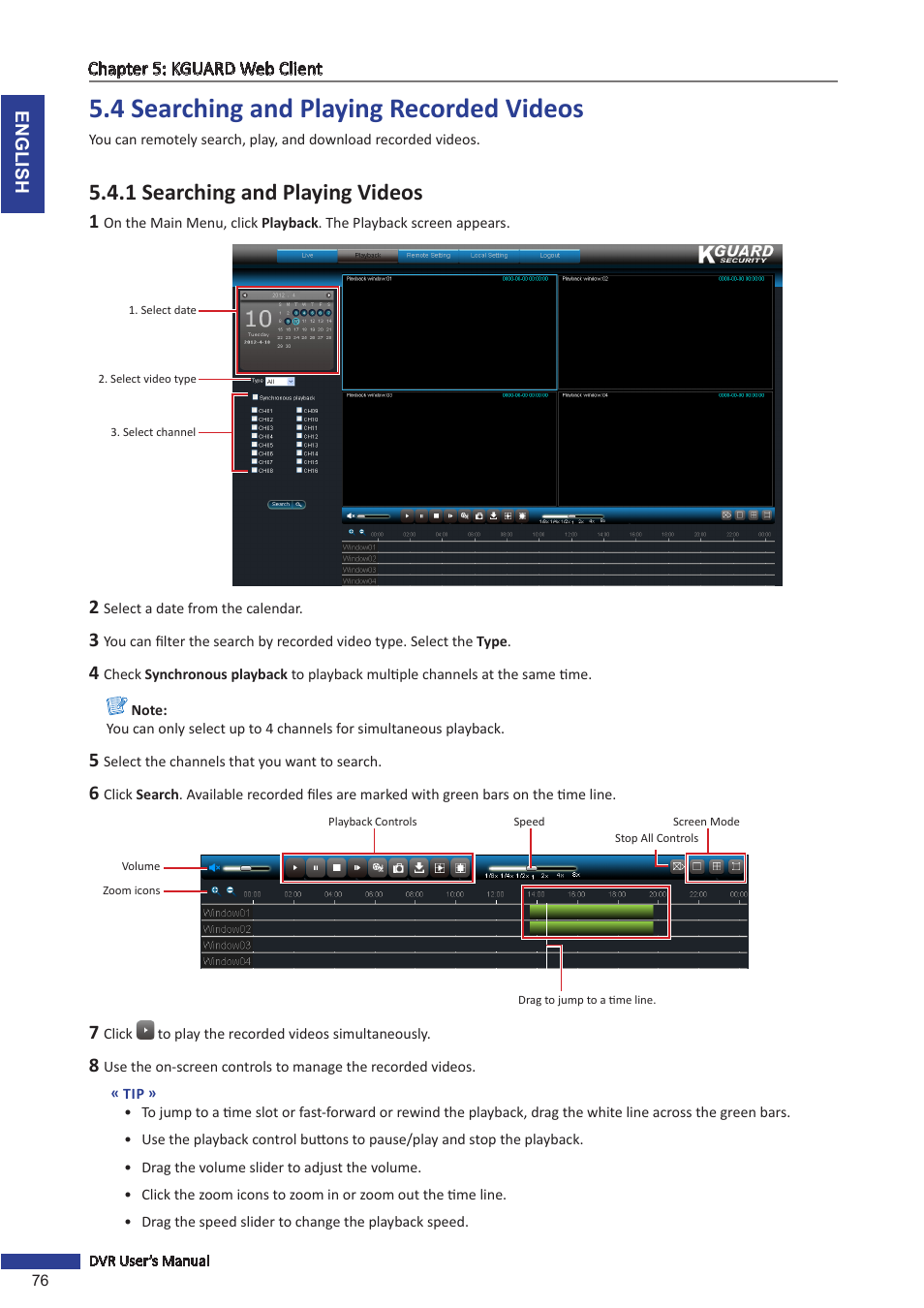 4 searching and playing recorded videos, 1 searching and playing videos | KGUARD Security BR1601 User Manual | Page 76 / 113