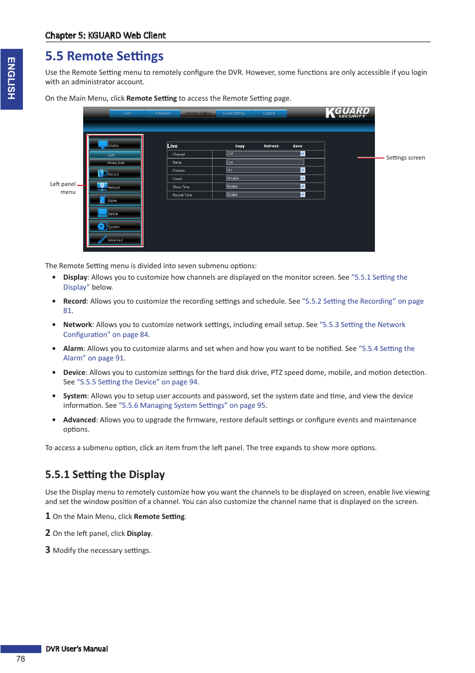 5 remote, 5 remote settings, 1 setting the display | KGUARD Security BR1601 User Manual | Page 78 / 113