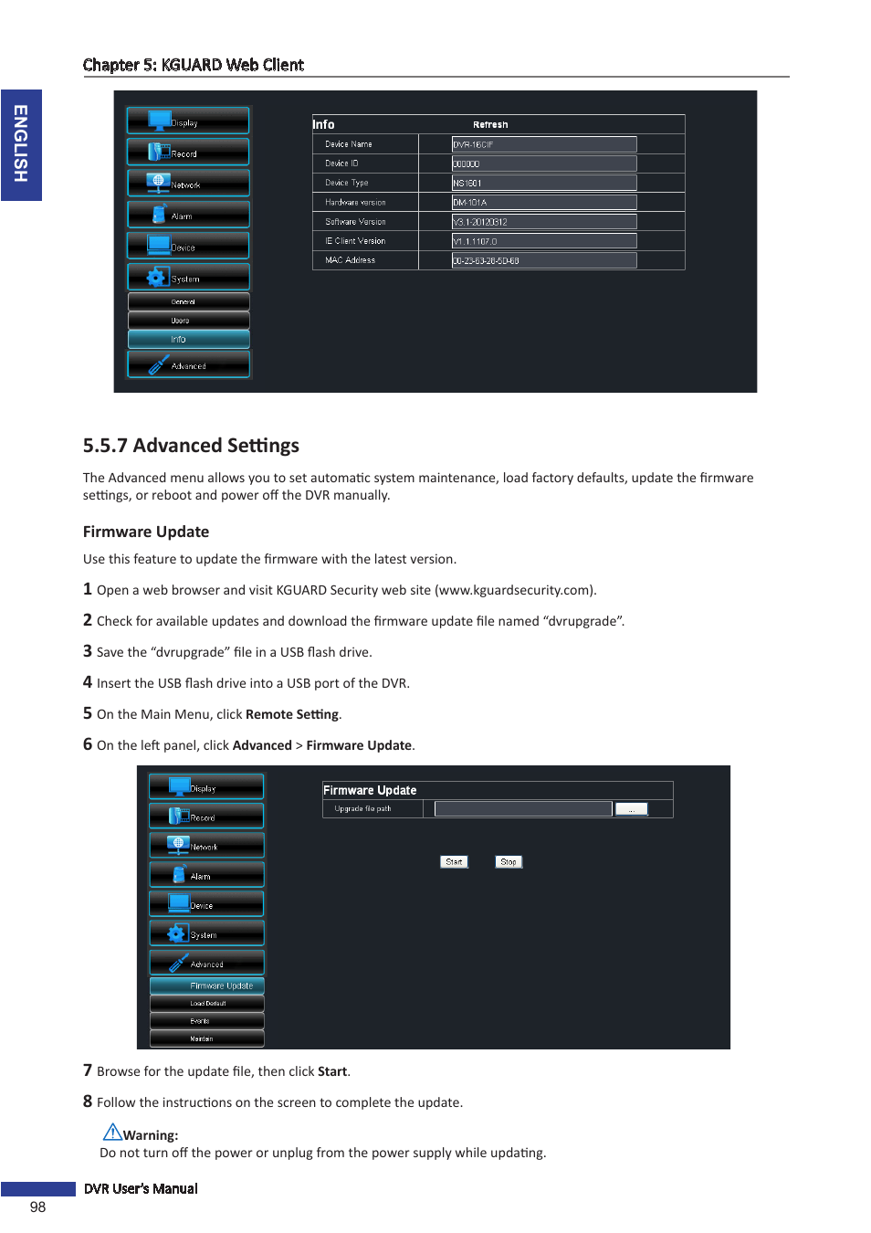 7 advanced settings | KGUARD Security BR1601 User Manual | Page 98 / 113