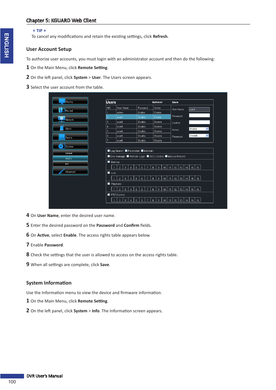 User account setup, System information, User account setup system information | KGUARD Security BR1621 User Manual | Page 100 / 116