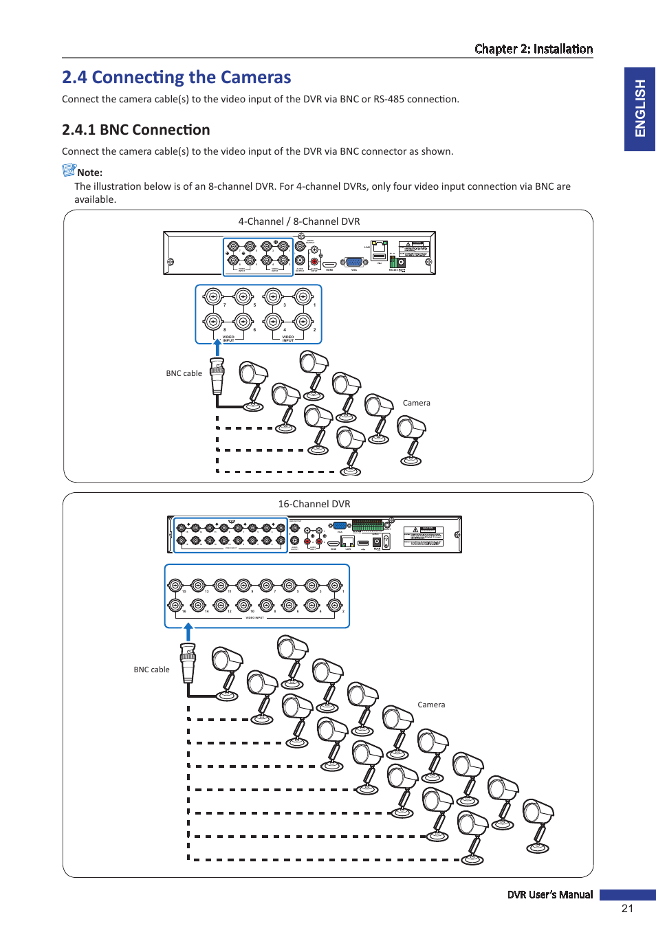 4 connecting the cameras, 1 bnc connection, English chapter 2: installation | Dvr user’s manual 21, Channel dvr, Channel / 8-channel dvr, Risk of electric shock do not open, Bnc cable camera | KGUARD Security BR1621 User Manual | Page 21 / 116