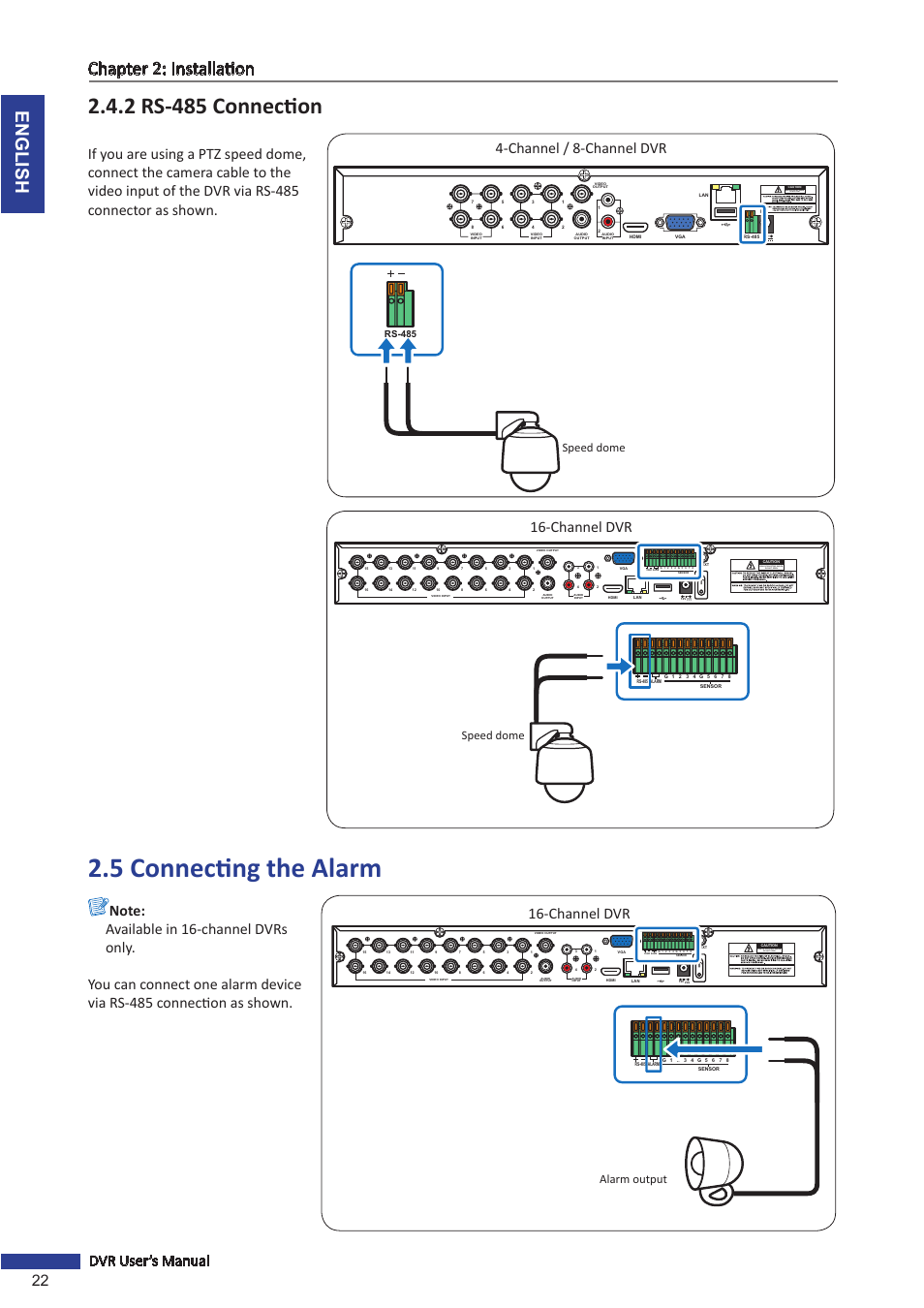 2 rs-485 connection, 5 connecting the alarm, English chapter 2: installation | 22 dvr user’s manual, Channel / 8-channel dvr, Channel dvr, Risk of electric shock do not open, Alarm output, Speed dome, Rs-485 | KGUARD Security BR1621 User Manual | Page 22 / 116