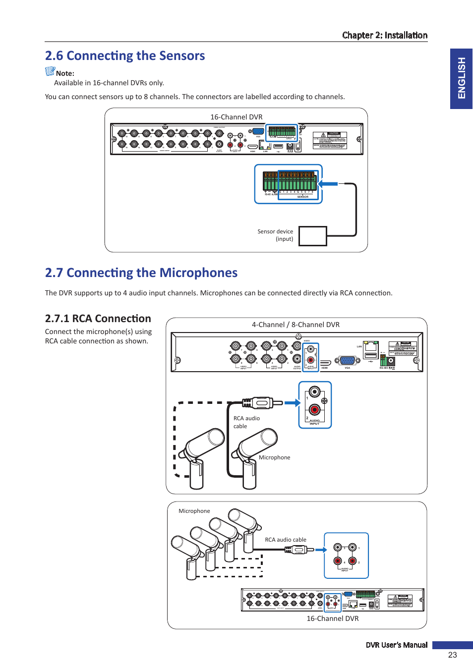 6 connecting the sensors, 7 connecting the microphones, 1 rca connection | English chapter 2: installation, Dvr user’s manual 23, Channel dvr, Channel / 8-channel dvr, Risk of electric shock do not open, Sensor device (input), Microphone rca audio cable | KGUARD Security BR1621 User Manual | Page 23 / 116