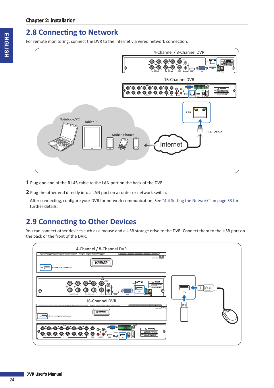8 connecting to network, 9 connecting to other devices, Internet | English chapter 2: installation, 24 dvr user’s manual, Channel dvr 4-channel / 8-channel dvr, Channel / 8-channel dvr 16-channel dvr, Risk of electric shock do not open | KGUARD Security BR1621 User Manual | Page 24 / 116