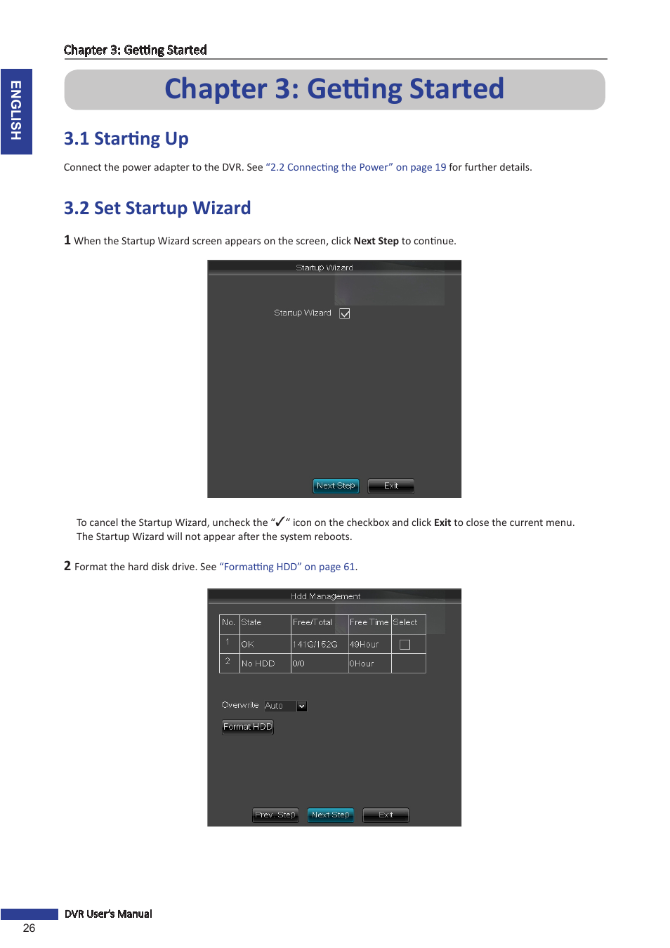 Chapter 3: getting started, 1 starting up, 2 set startup wizard | 1 starting up 3.2 set startup wizard | KGUARD Security BR1621 User Manual | Page 26 / 116
