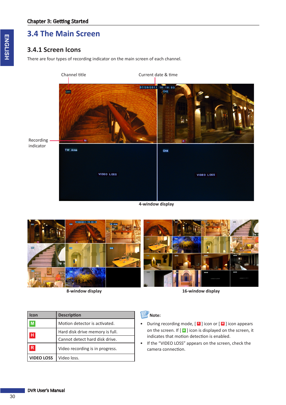 4 the main screen, 1 screen icons | KGUARD Security BR1621 User Manual | Page 30 / 116