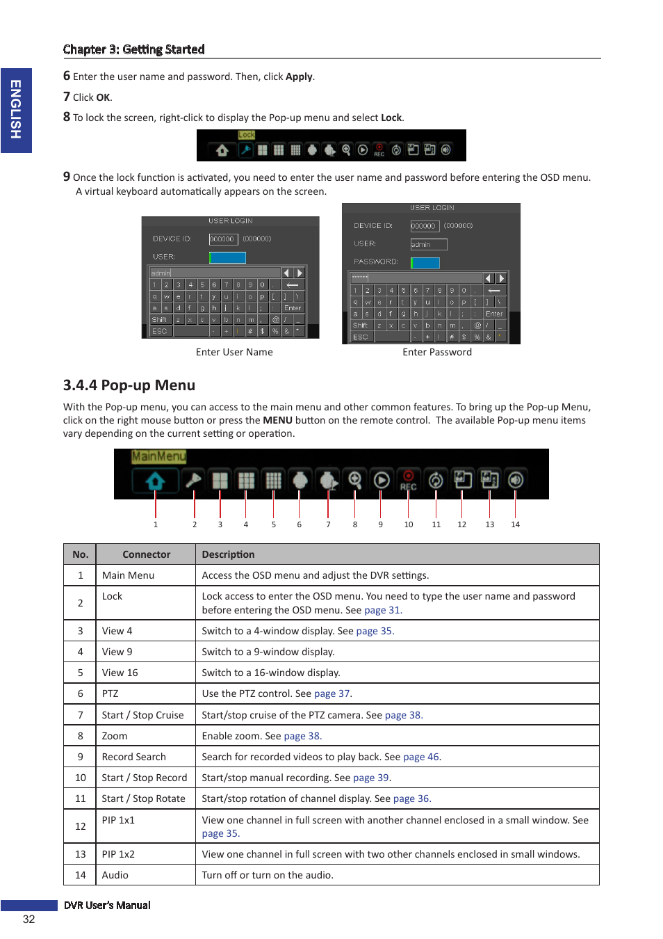 4 pop-up menu | KGUARD Security BR1621 User Manual | Page 32 / 116