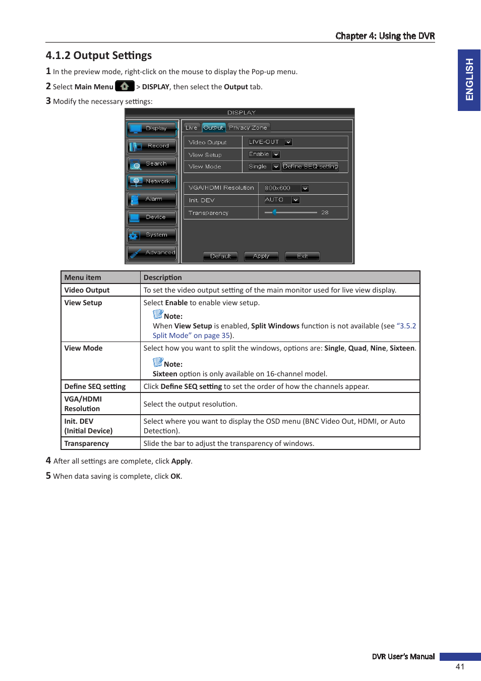 2 output settings, Menu (see | KGUARD Security BR1621 User Manual | Page 41 / 116