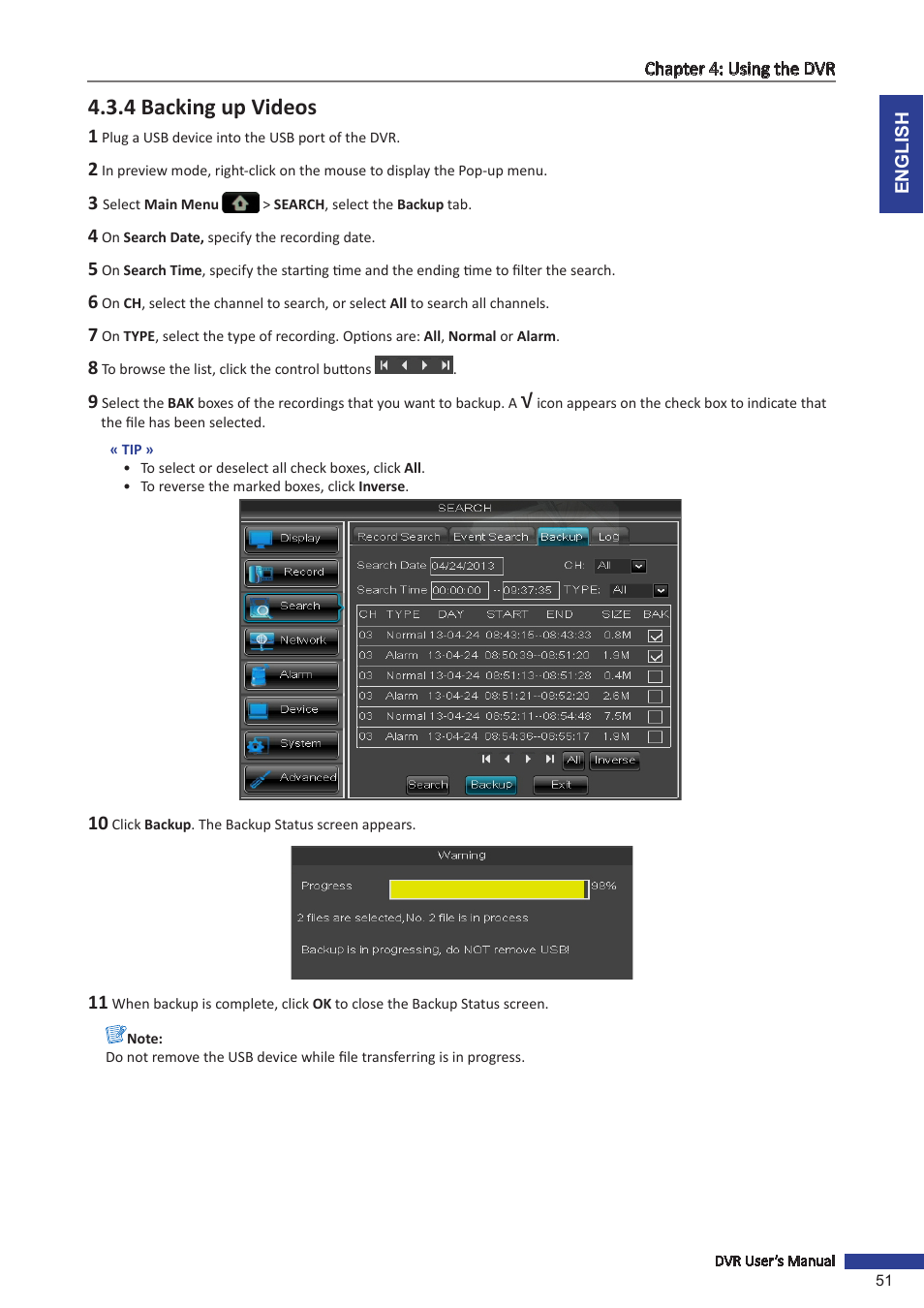 4 backing up videos | KGUARD Security BR1621 User Manual | Page 51 / 116