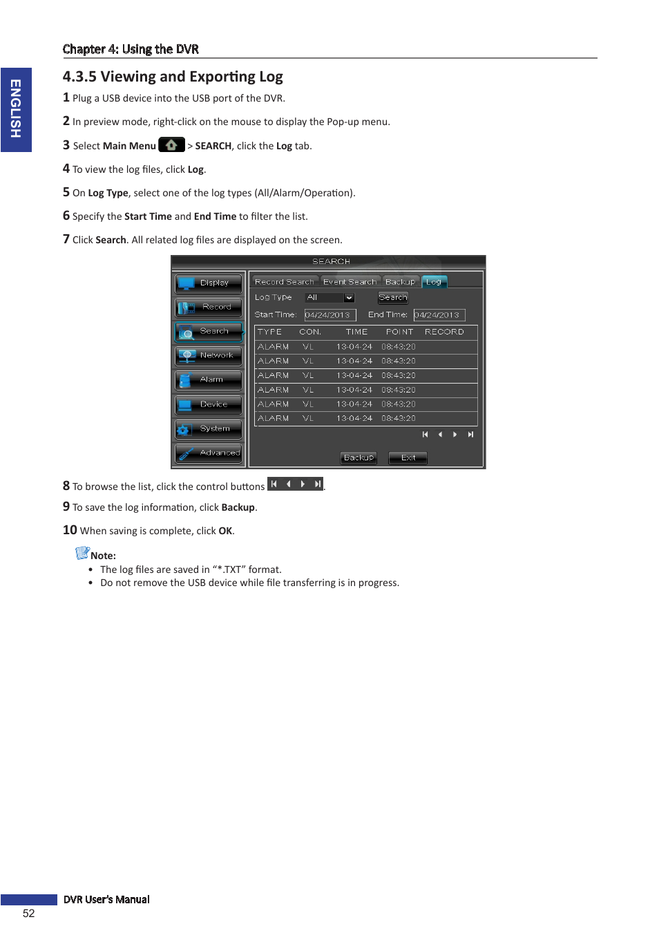 5 viewing and exporting log | KGUARD Security BR1621 User Manual | Page 52 / 116