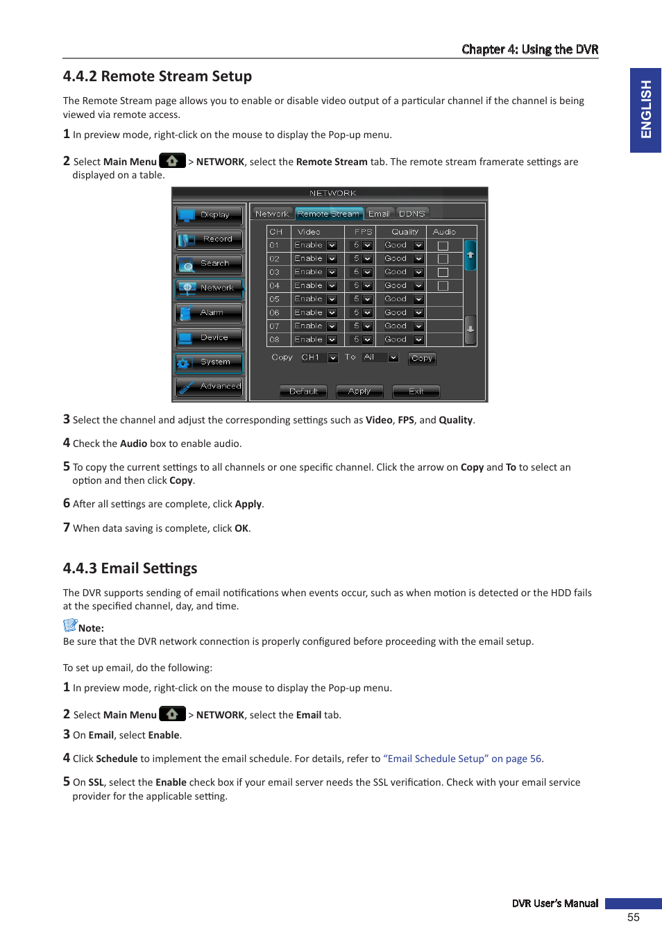 2 remote stream setup, 3 email settings, 2 remote stream setup 4.4.3 email settings | KGUARD Security BR1621 User Manual | Page 55 / 116