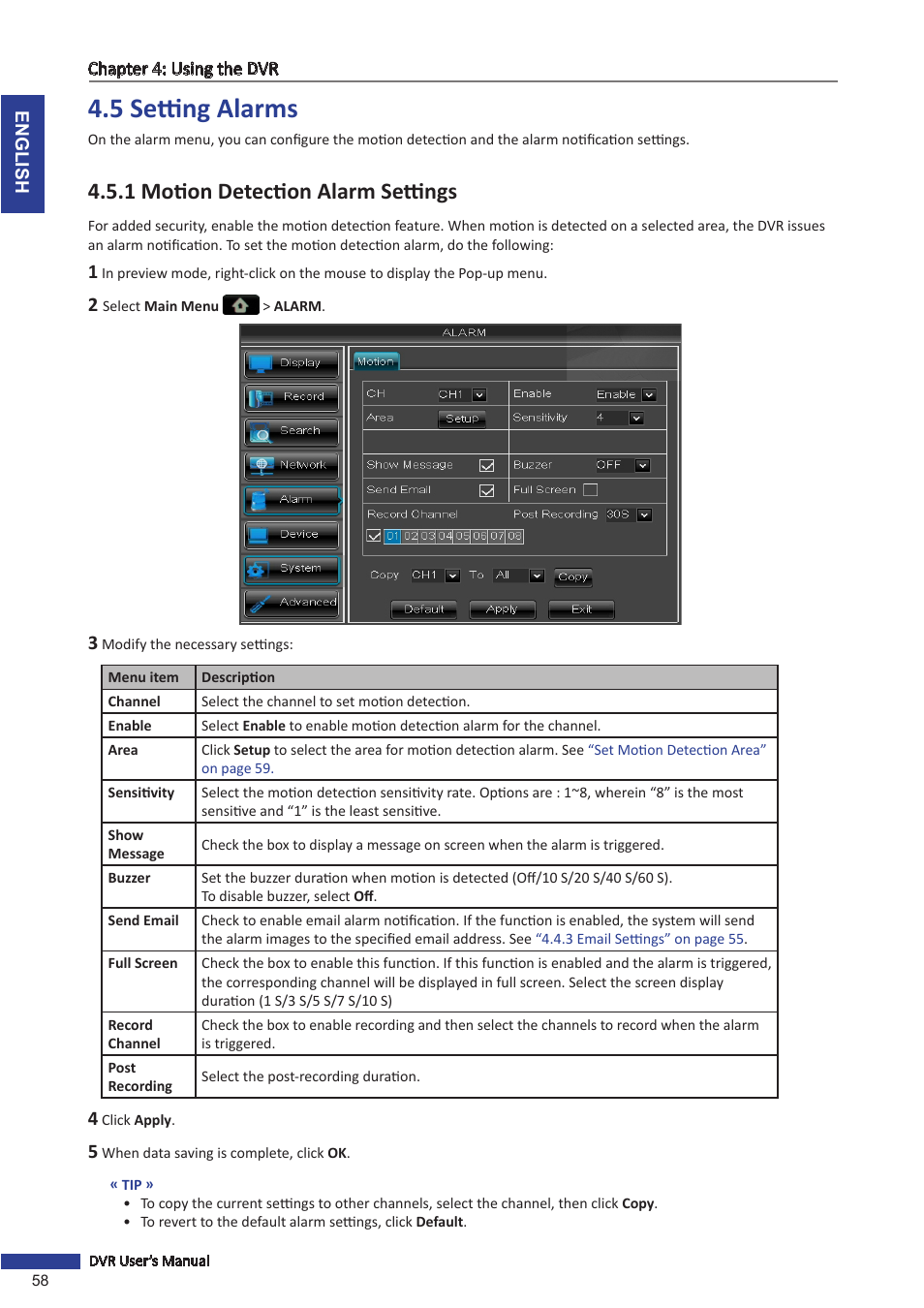 5 setting alarms, 1 motion detection alarm settings | KGUARD Security BR1621 User Manual | Page 58 / 116
