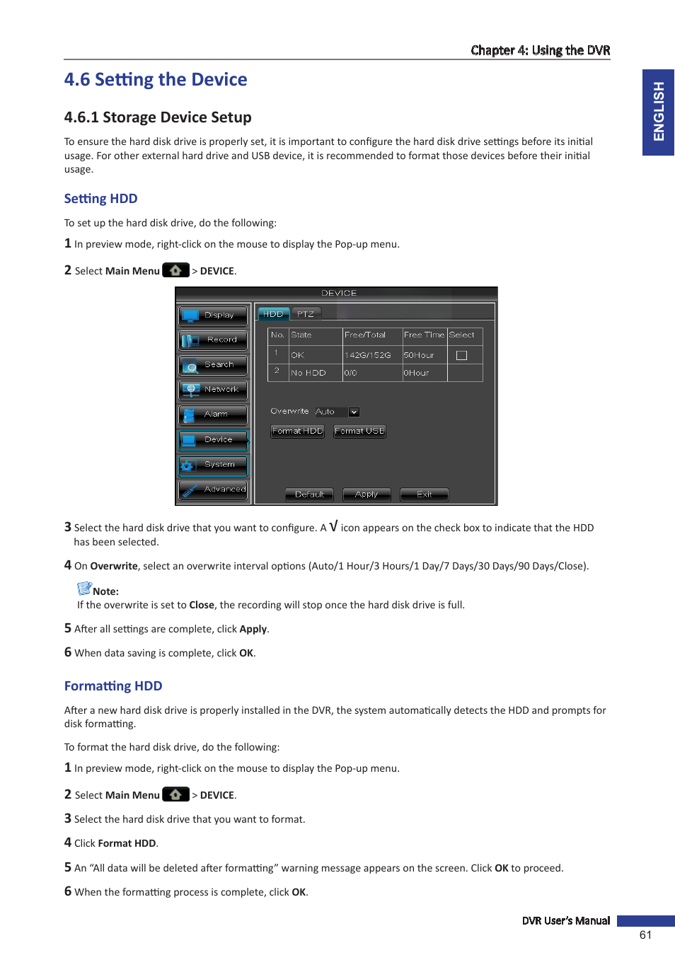 6 setting the device, 1 storage device setup, Setting hdd | Formatting hdd, Setting hdd formatting hdd, E. see | KGUARD Security BR1621 User Manual | Page 61 / 116