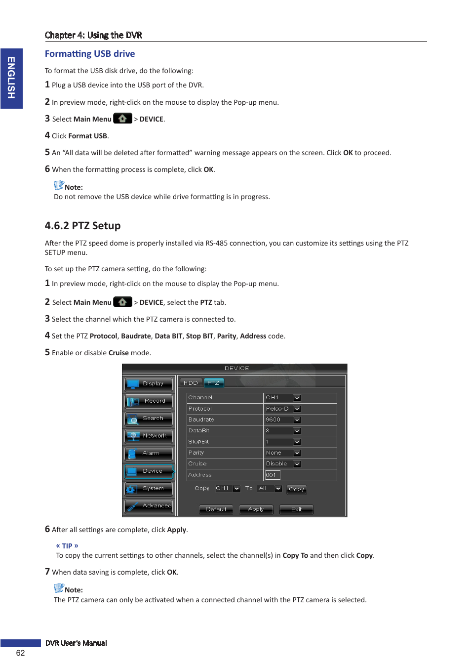Formatting usb drive, 2 ptz setup, Ttings, see | KGUARD Security BR1621 User Manual | Page 62 / 116