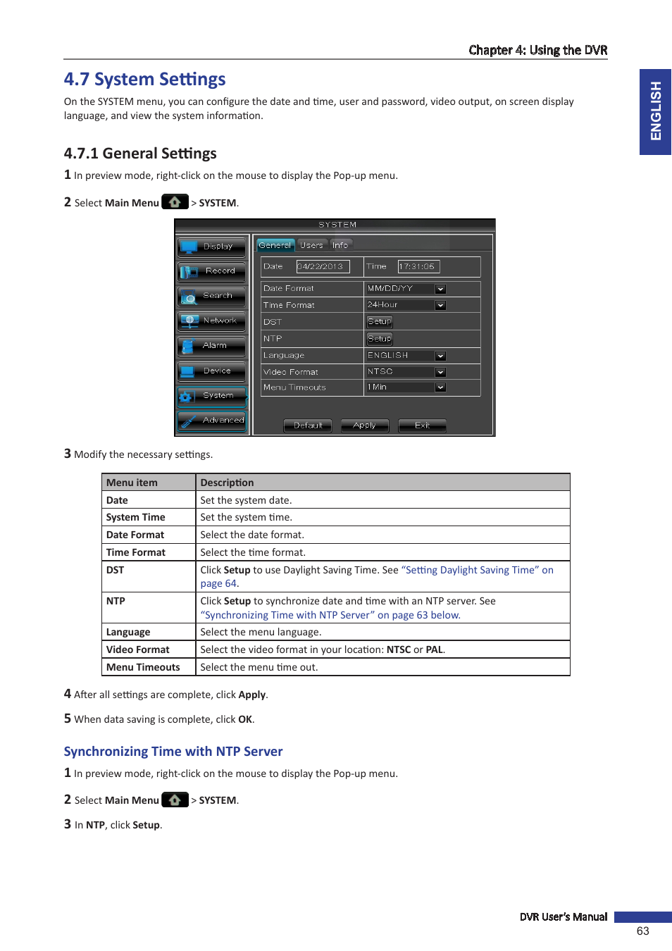 7 system settings, 1 general settings, Synchronizing time with ntp server | Ttings. see | KGUARD Security BR1621 User Manual | Page 63 / 116