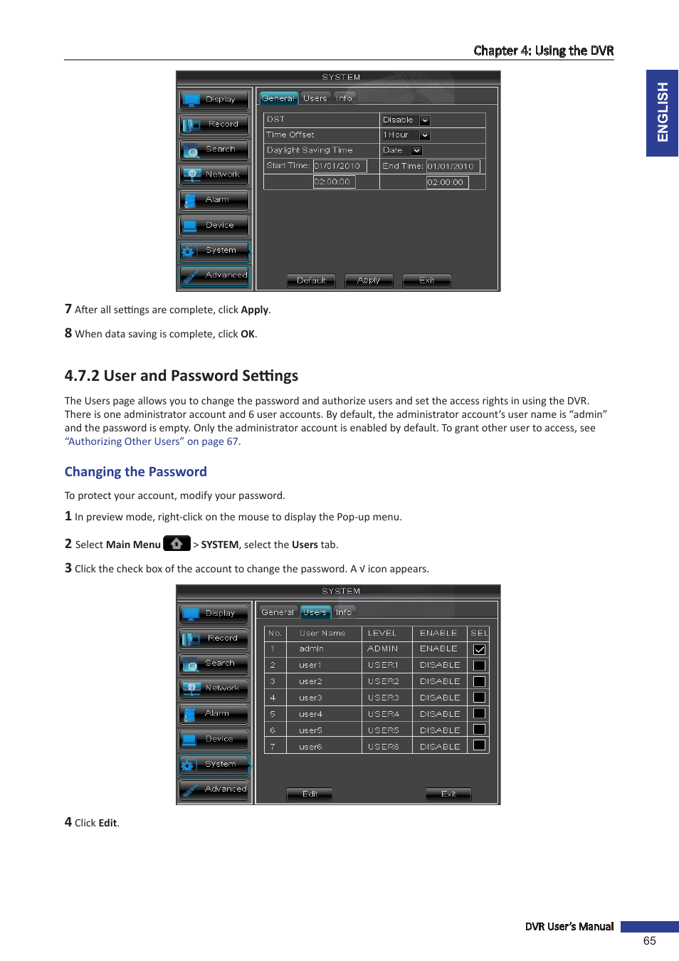 2 user and password settings, Changing the password | KGUARD Security BR1621 User Manual | Page 65 / 116