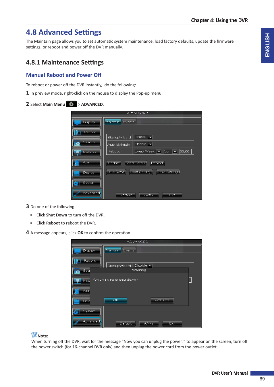 8 advanced settings, 1 maintenance settings, Manual reboot and power off | KGUARD Security BR1621 User Manual | Page 69 / 116