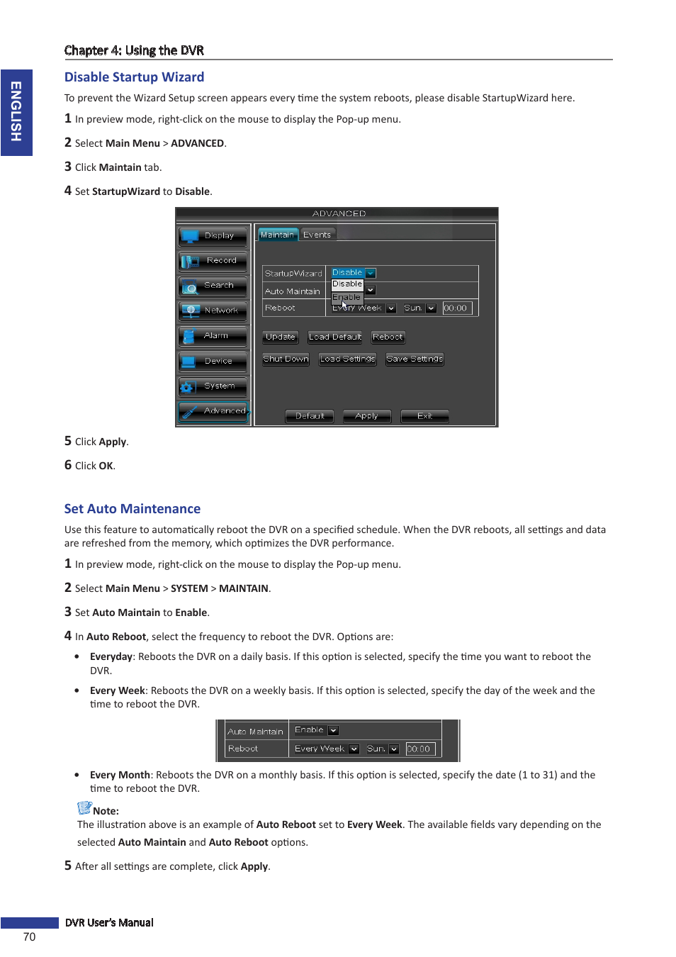 Disable startup wizard, Set auto maintenance, Disable startup wizard set auto maintenance | KGUARD Security BR1621 User Manual | Page 70 / 116