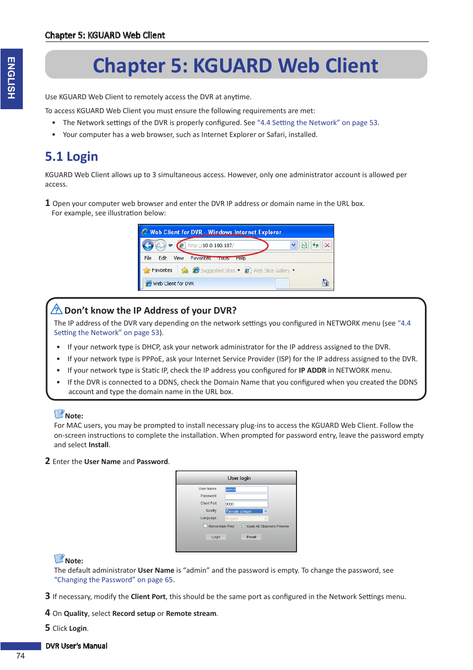 Chapter 5: kguard web client, 1 login | KGUARD Security BR1621 User Manual | Page 74 / 116