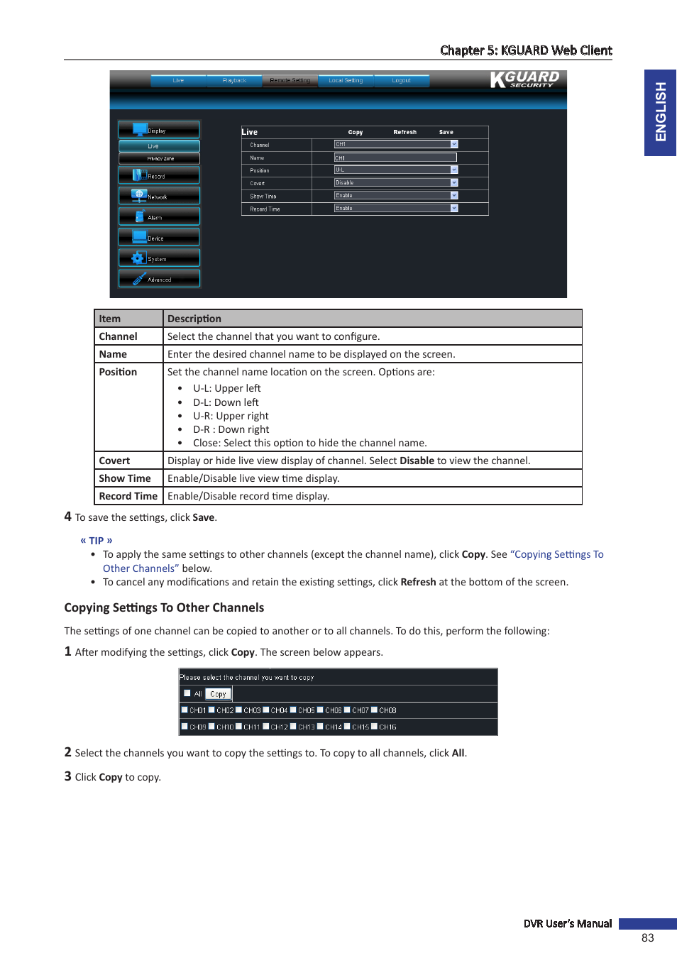 Copying settings to other channels | KGUARD Security BR1621 User Manual | Page 83 / 116