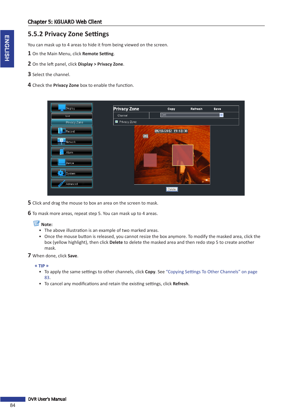 2 privacy zone settings | KGUARD Security BR1621 User Manual | Page 84 / 116