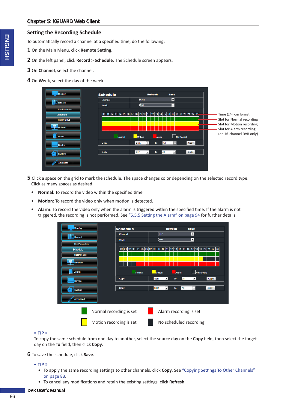 Setting the recording schedule | KGUARD Security BR1621 User Manual | Page 86 / 116