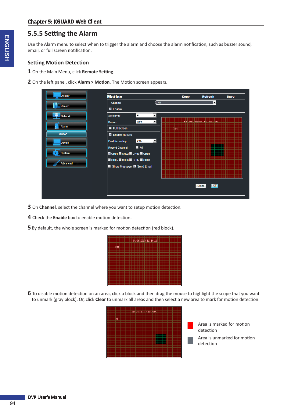 5 setting the alarm, Setting motion detection, 5 setting the | Ormed. see | KGUARD Security BR1621 User Manual | Page 94 / 116