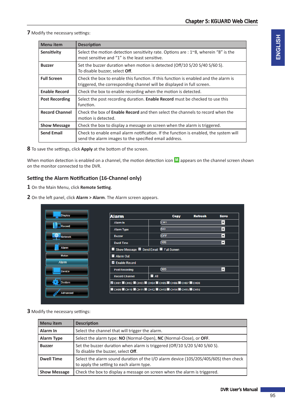 Setting the alarm notification (16-channel only) | KGUARD Security BR1621 User Manual | Page 95 / 116